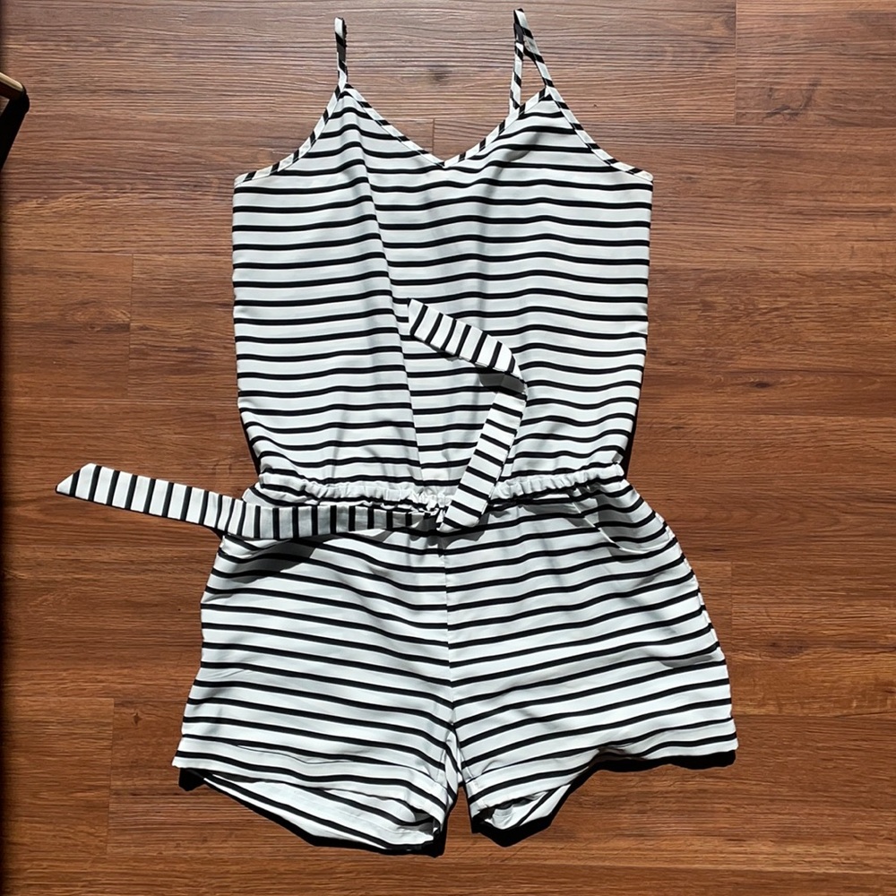 JCrew striped romper with pockets and adjustable straps.